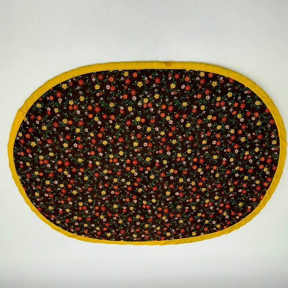 Vintage Quilted Reversible Oval Placemats Set of 6 Floral Calico Mustard Yellow